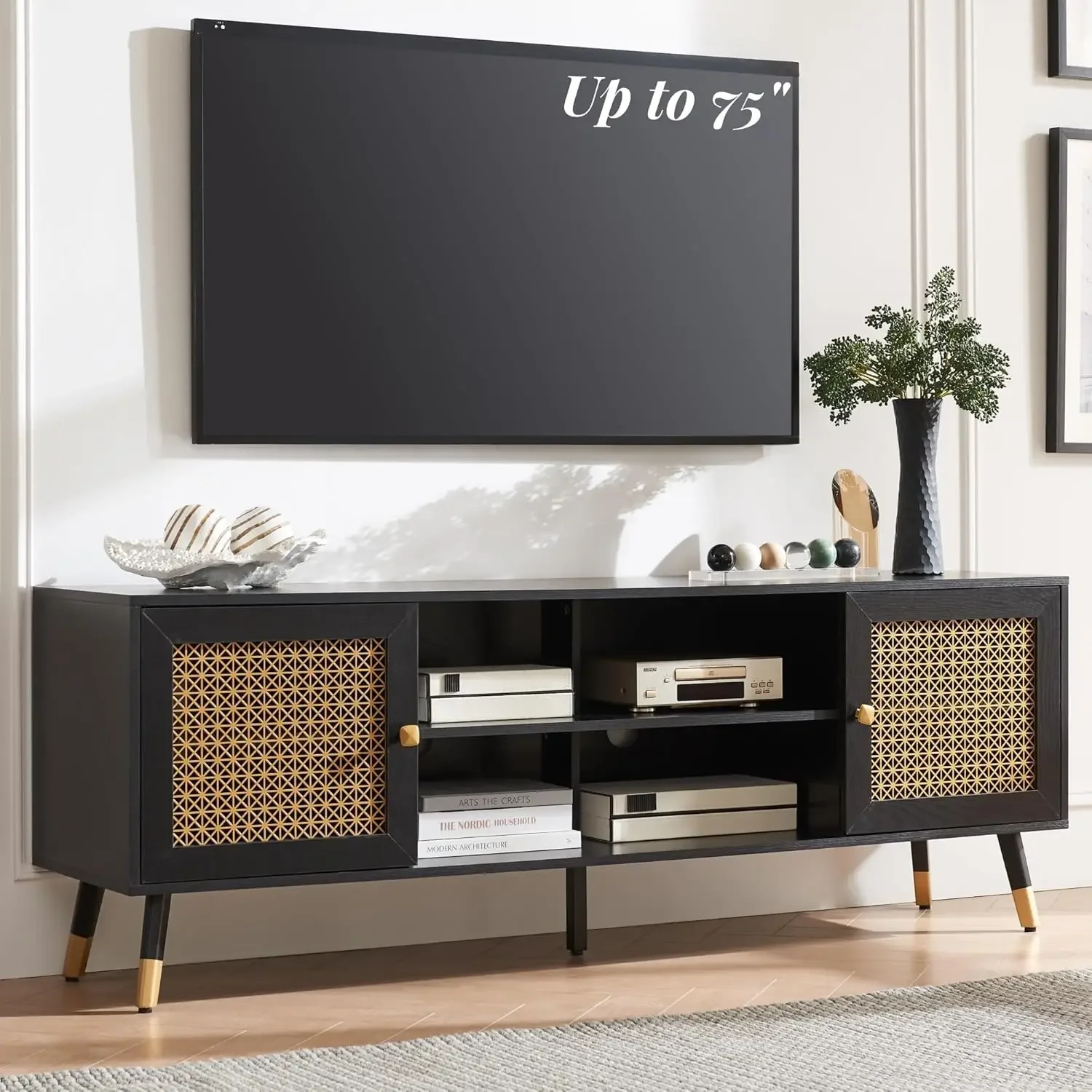 

Mid Century Modern TV Stands for Living Room, Black TV Stand for TVs up to 75", with Storage Cabinet and Shelves