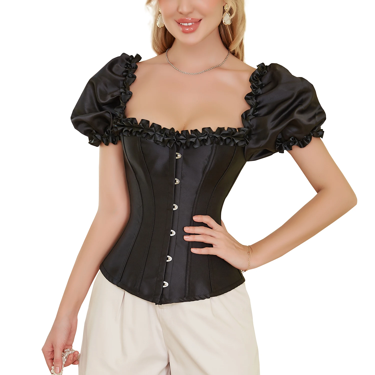 

Sexy Gothic Corset Top Short Puff Sleeve Women Corset Bustier Top Overbust Corselet Flat Belly Slimming Sheath Modeling Strap