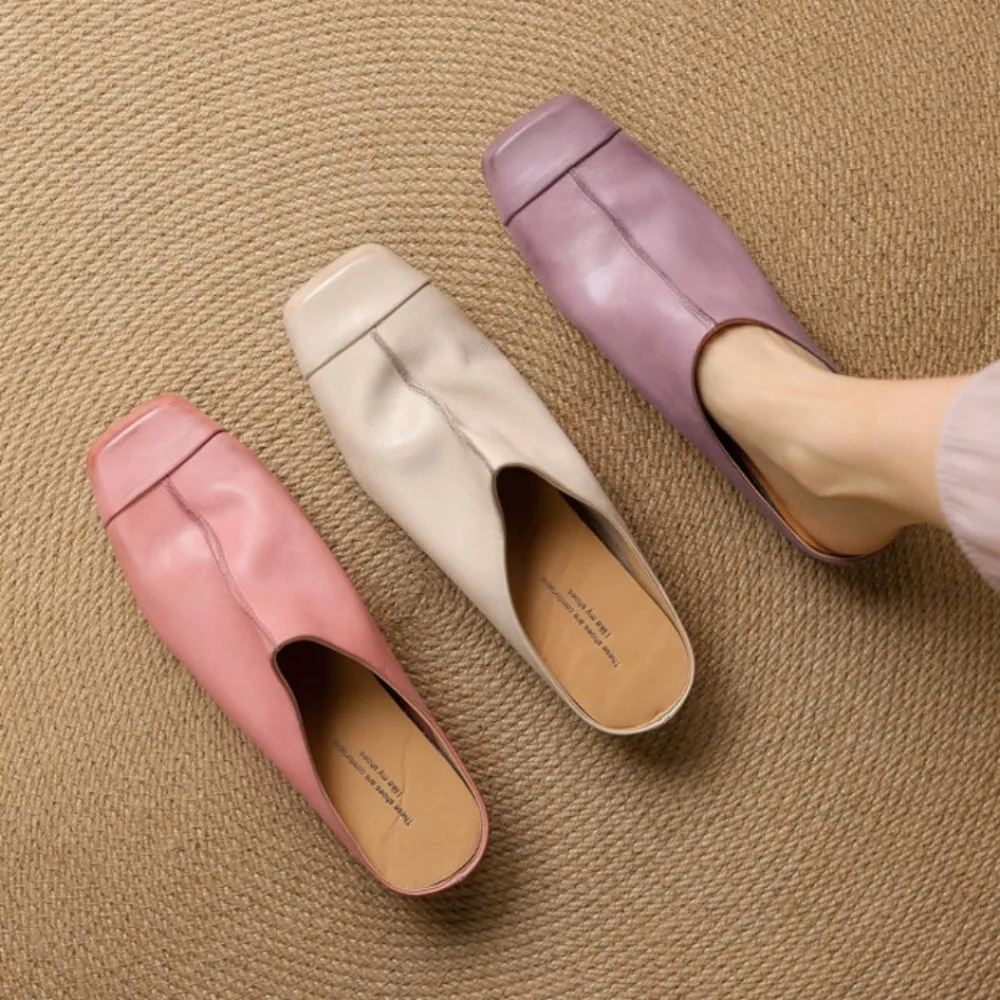 

Women Mules 2025 Summer Elegant Square Closed Toe Flat Slippers Female Shoes Casual Leather Pink Purple Slides Plus Size 34-40
