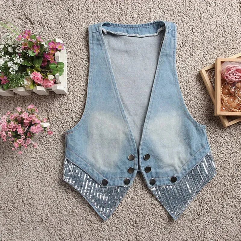 Primavera Estate Nuove Donne di Modo Breve Gilet di Jeans Coreano Giacca Senza Maniche Signore di Seta Brillante Jeans Cardigan Gilet Marea H2840