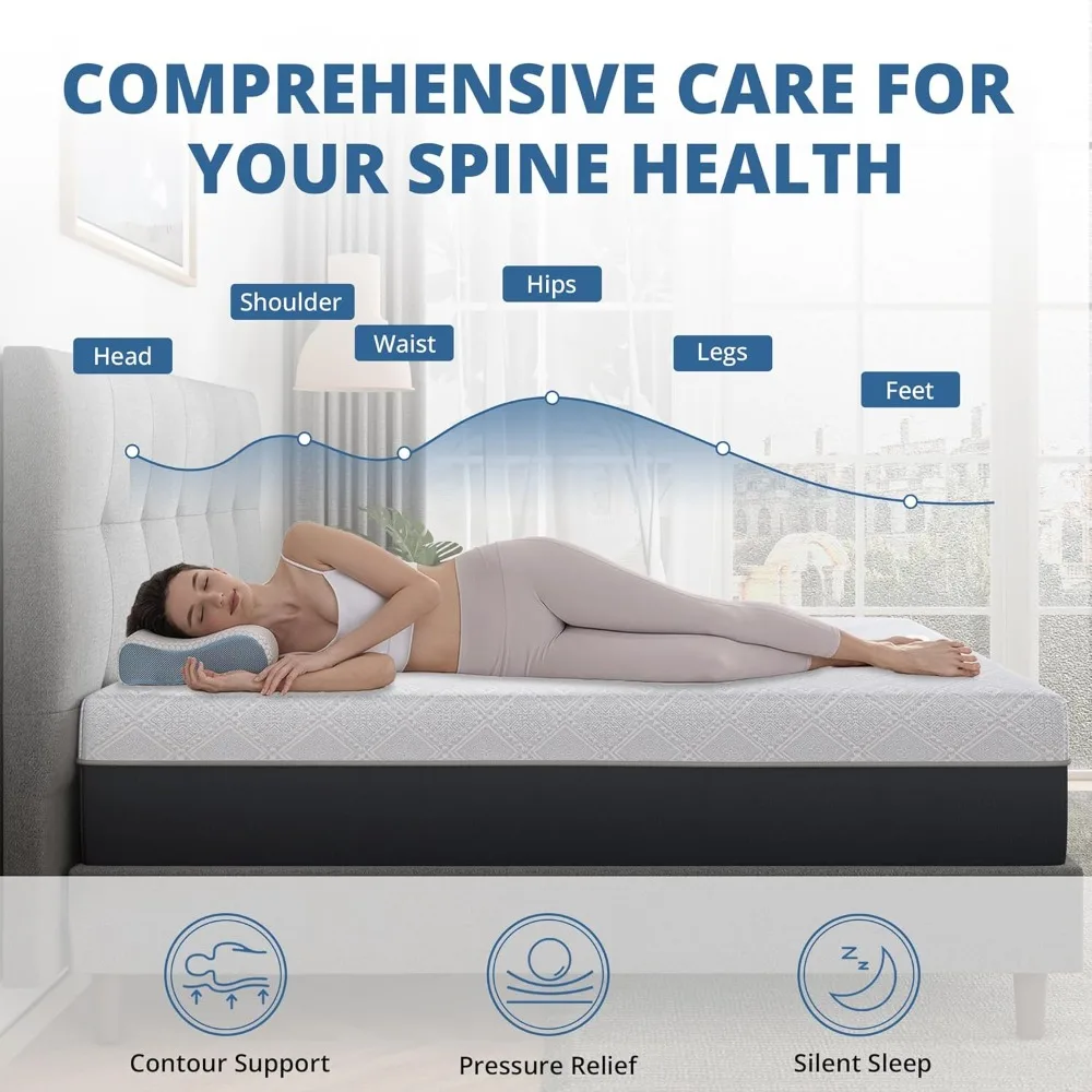 10インチクイーンマットレス、チャコール冷却ジェルメモリーフォームマットレス（箱入り）、グラスファイバー不使用、背中のサポートに適したミディアム硬度マットレス