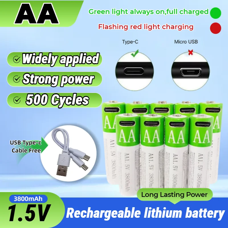 

Fast Charging 1.5V AA Lithium-Ion Battery 3800mAh USB-C Rechargeable for Toy Keyboard Camera Remote Control Flashlights and More