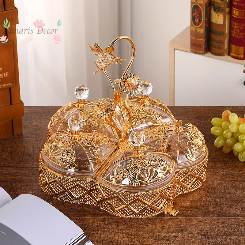 European light luxury acrylic dried fruit box fashionable high-end fruit plate exquisite gold pattern five grid living room