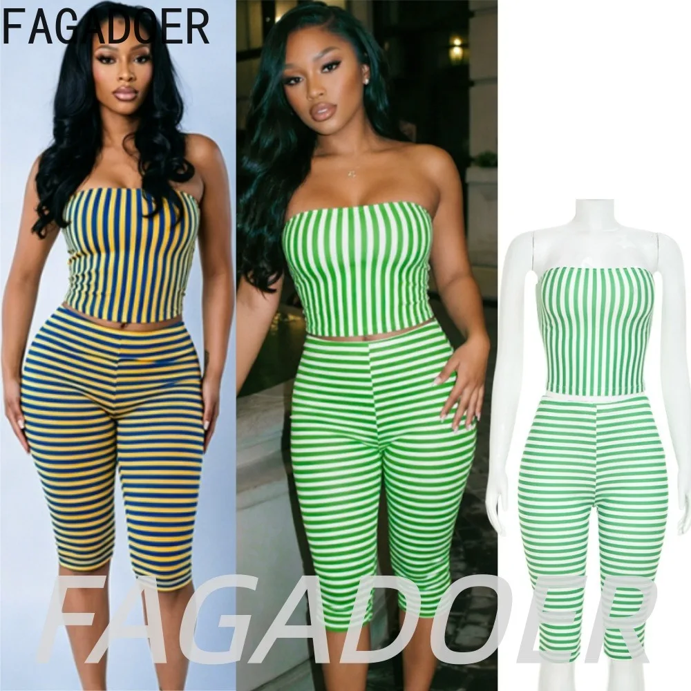 FAGADOER Summer Casual 2 Piece Sets Fashion Striped Patchwork Crop Top + Bodycon Capri Pants Suits Streetwear Party Club Outfits