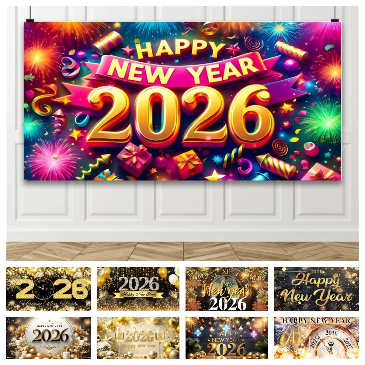 2026 سنة جديدة سعيدة الخلفيات الشمبانيا ساعة العد التنازلي سنة الحصان الأسرة حفلة صور خلفية 600x300 سنتيمتر استوديو رقمي