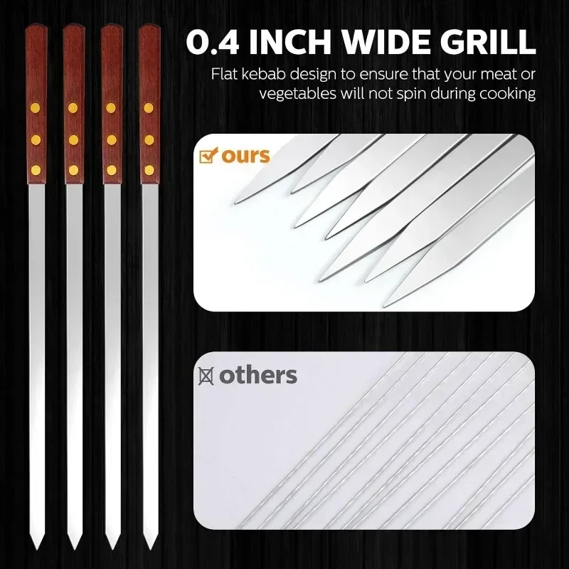 12 Pieces Skewers for Kabobs Grilling Barbecue Long Skewers Stainless Steel Reusable BBQ Skewers with Wood Handle 40/50/60cm