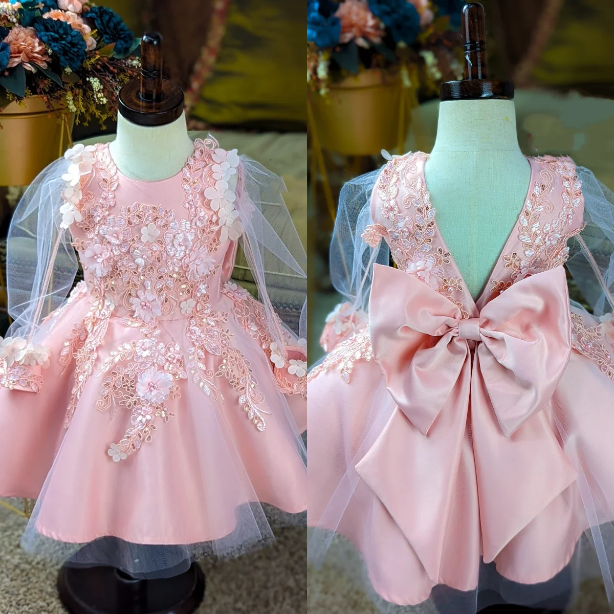 

Customized Pink Flower Girl Dress For Wedding Appliques Knee Length Princess First Communion Birthday Gown