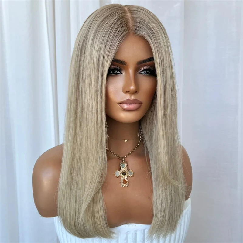 Glueless High Quality Wig Ombre Light Ash Blonde Synthetic HD Lace Front Wig with Roots Preplucked Hairline Free Part Wig 16''
