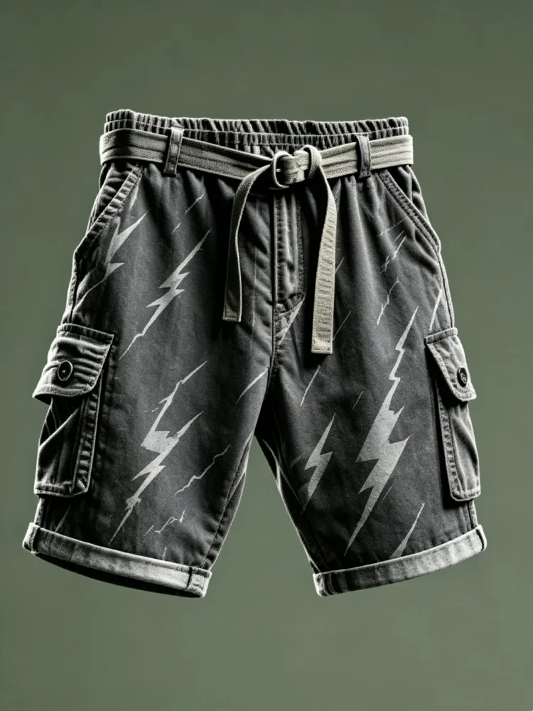 Mens Cargo Shorts Lightning Print Distressed Washed Loose Fit Streetwear Denim Shorts with Belt