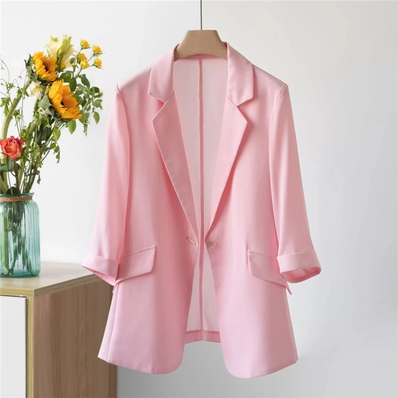 Summer Thin Chiffon Women Blazer 2023 New Korean Fashion Three-Quarter Sleeve Ladies Suit Coat Sunscreen Clothing Tops Female