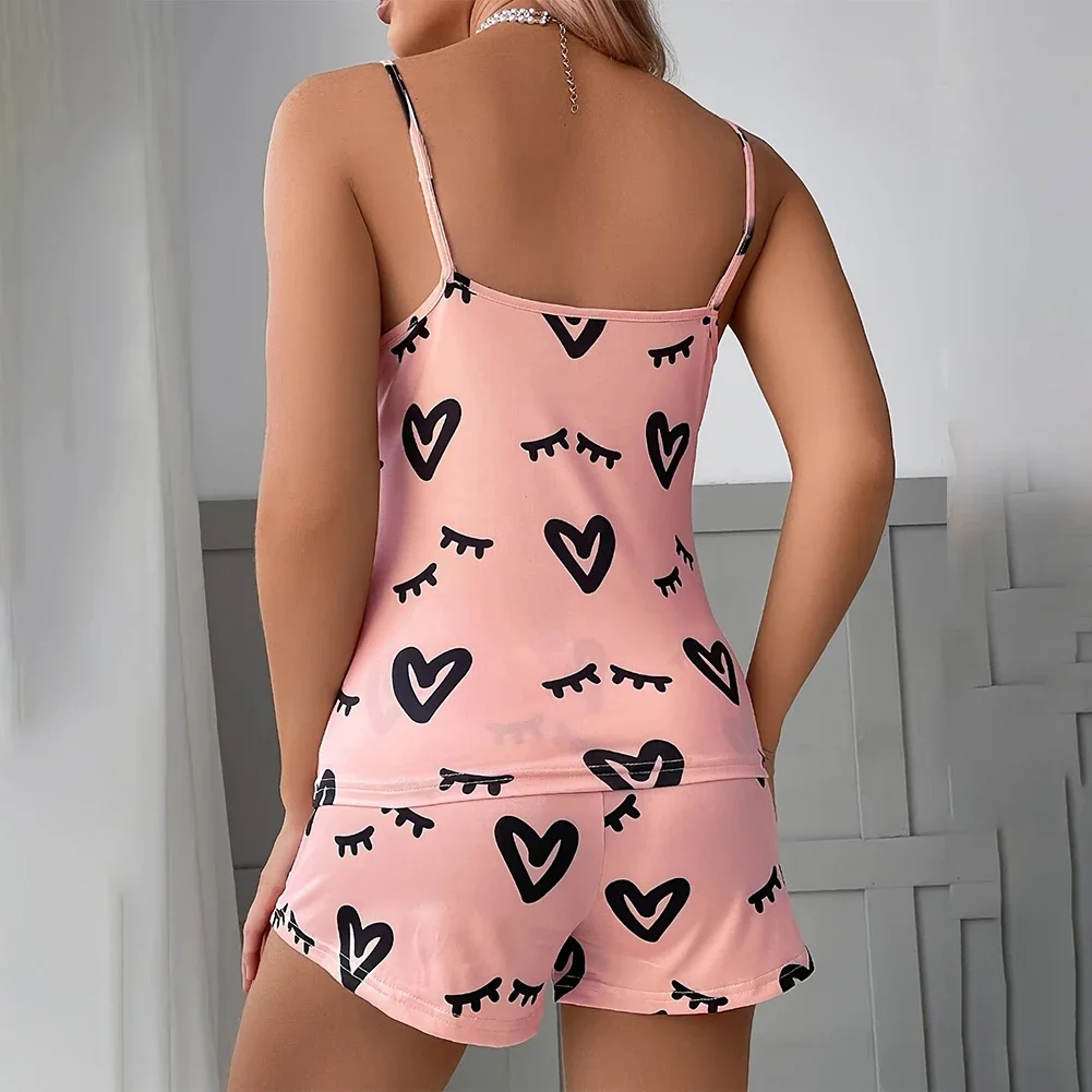 Ensemble de pyjama sexy en satin soyeux pour femmes, vêtements de nuit à imprimé d'amour, lingerie 2 pièces, haut en fibre, short lisse, vêtements d'intérieur décontractés, mode