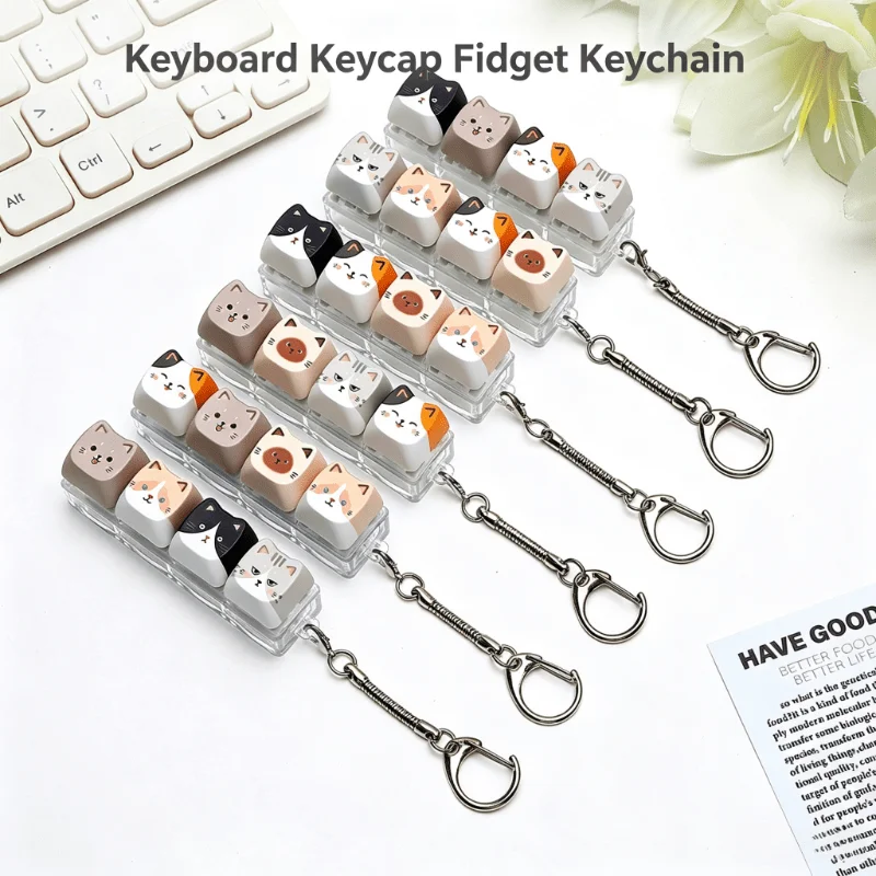 Cat-Shaped Stress Relief Keychain, Rectangular 4Key Fingertip Pressing Button for Halloween Thanksgiving Christmas and Daily Use