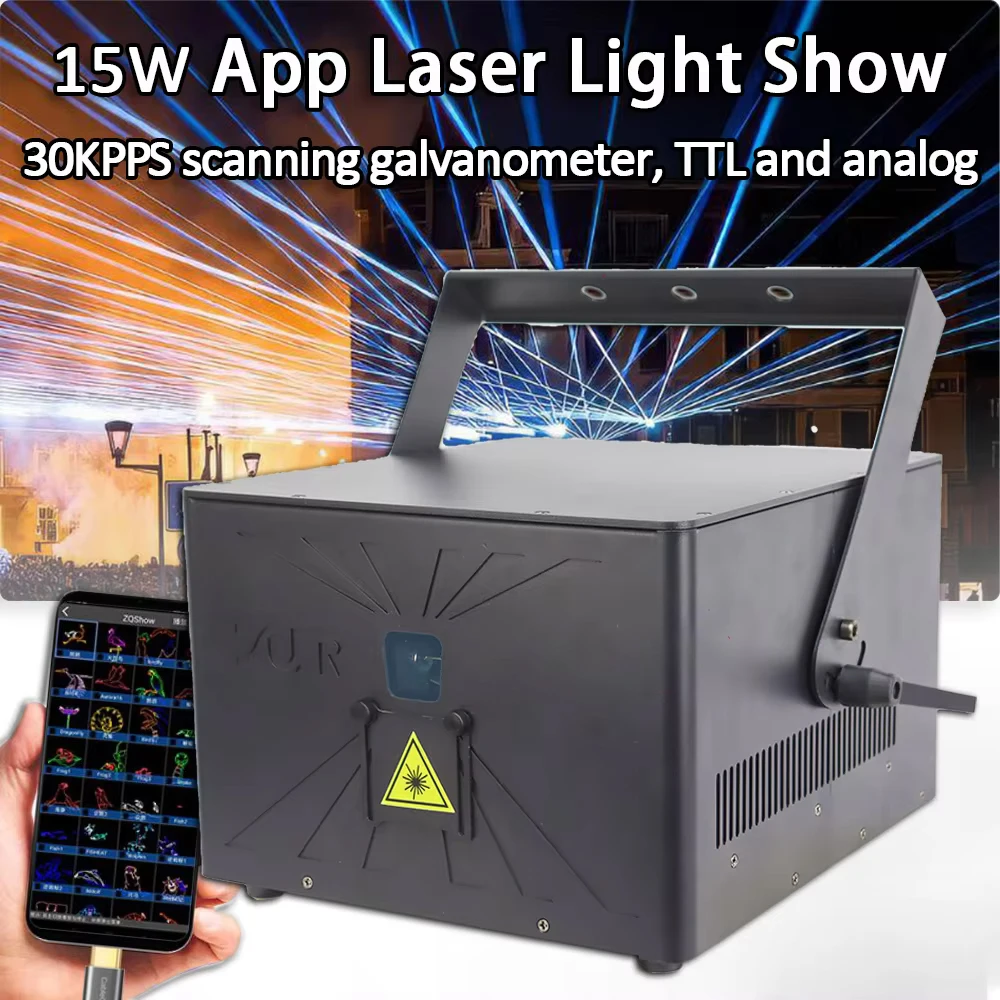 Aplicación 15W luz láser ILDA escáner láser de animación 3D haz RGB proyector de escenario DMX Disco actuación fiesta luces de escenario de Navidad