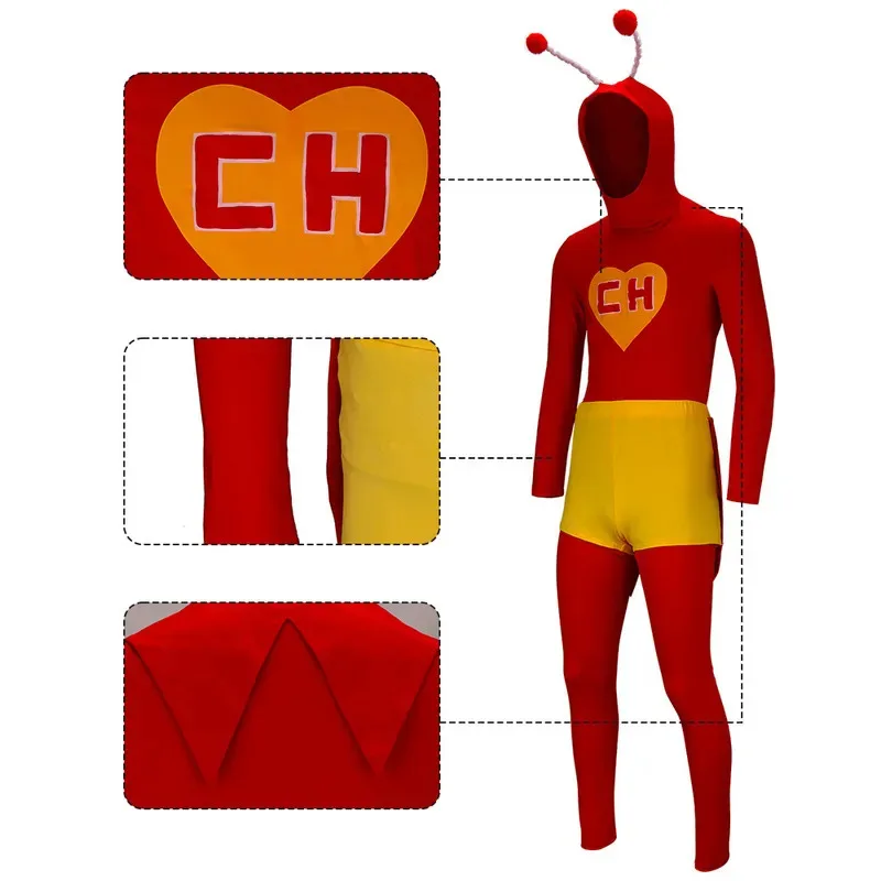 

qq34El Chapulin Colorado Halloween Cosplay Costume The Red Grasshopper Superhero CH Heart Printed Fancy Dress In Stock-Takerlama