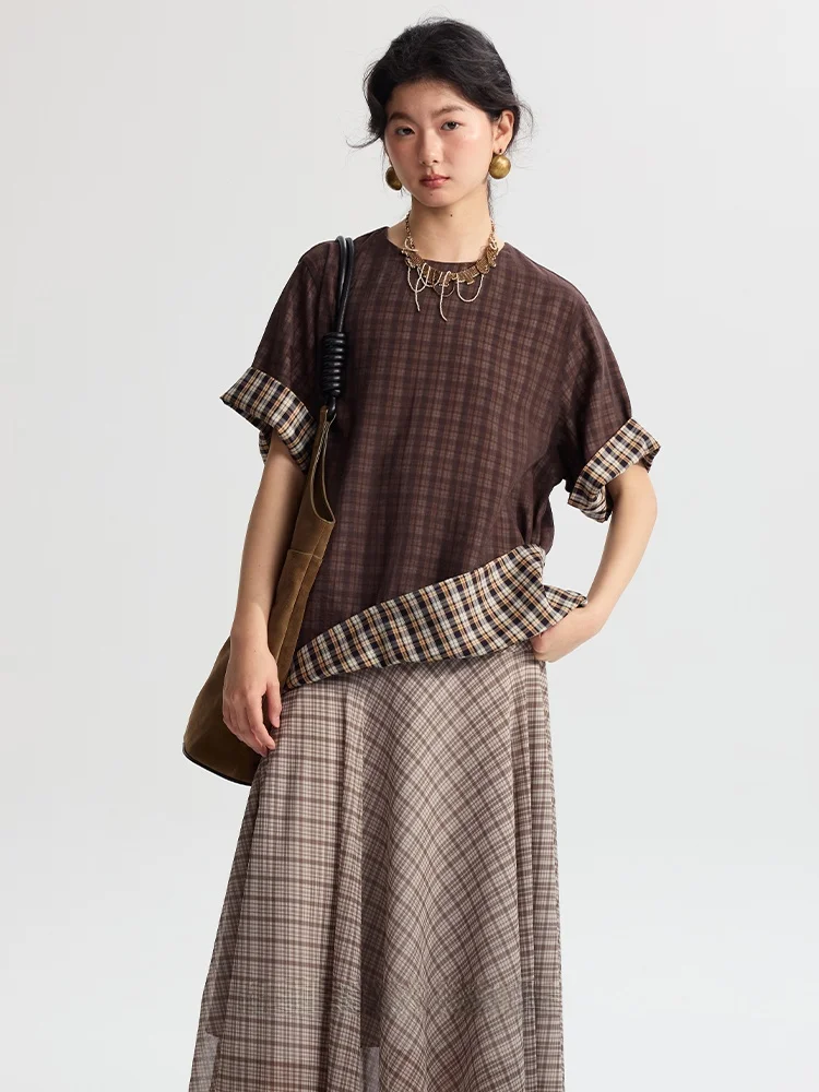 

Lingli Summer Series Lazy Gauze Plaid Double Layer Splicing Casual T-irt Top Loose Fit Breathable ort Sve round Ne