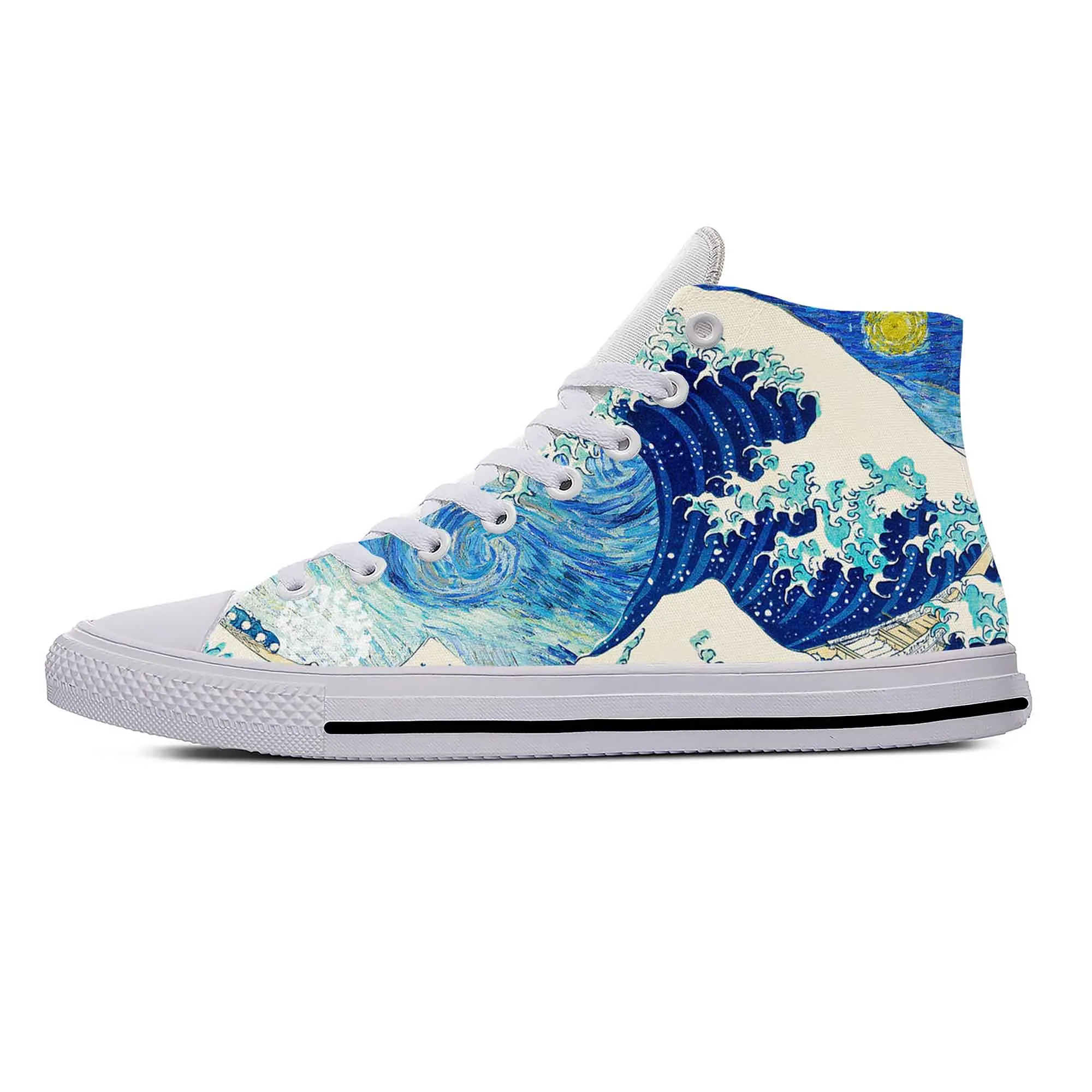 Japanese Anime Cartoon Great Wave Off Kanagawa Breathable Lightweight High Top Cloth Shoes 3D Print Men Women Casual Sneakers