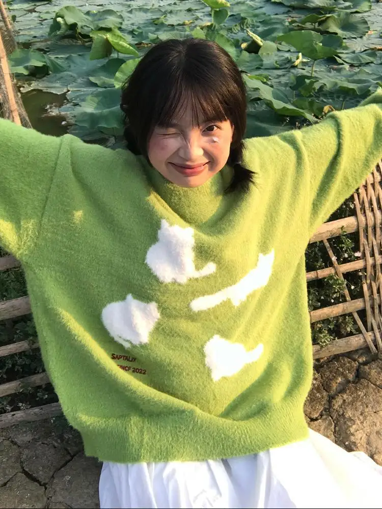 Vintage Cat Jacquardเสื้อกันหนาวPullovers Preppyสไตล์Sueter Mujer Y2kขี้เกียจการ์ตูนOคอผู้หญิงเกาหลีKawaiiหวานสบายๆ