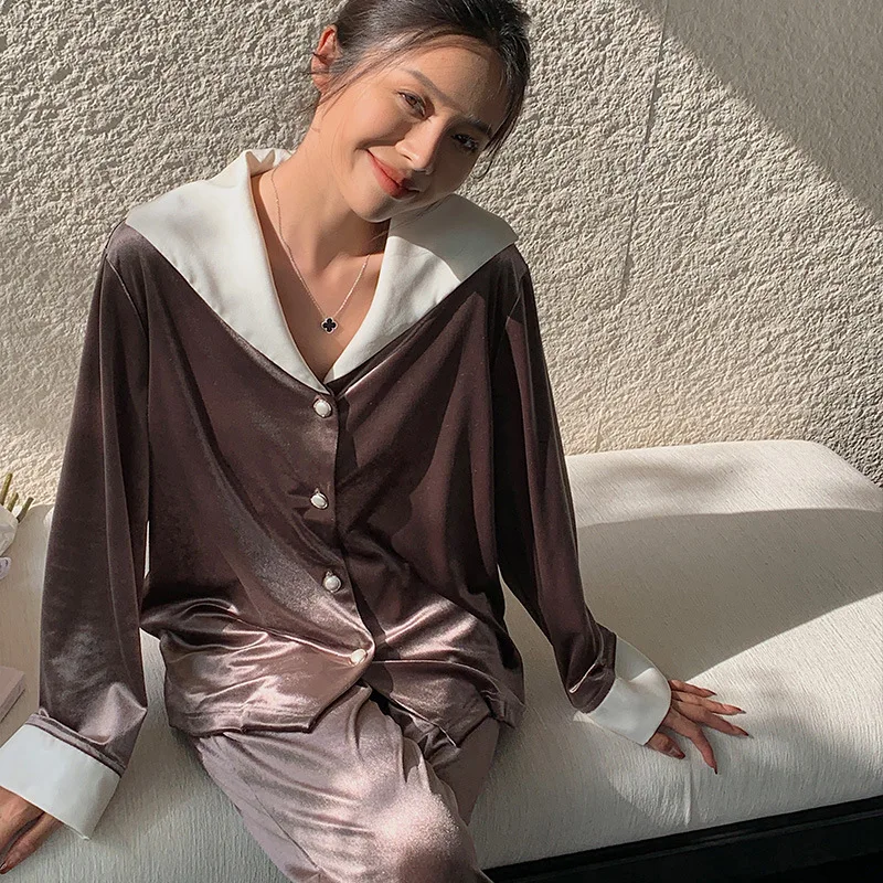 

Luxury Coffee Velour Pajamas Set for Female Autumn Winter New Sleepwear Casual Home Clothes Button Down&pants Loose Nightwear