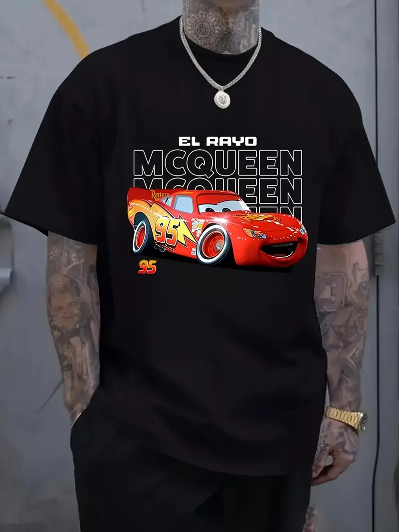 

2025 Cool Couple Disney Car Lightning McQueen Series T-shirt, Unisex Summer Print Pure Cotton 100% Loose Casual T-shirt