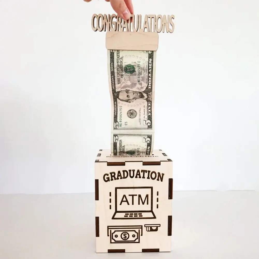 Coffret cadeau d'argent de remise de diplôme en bois, Design ATM, boîte d'économie d'argent en espèces pour fête de remise de diplôme, porte-carte de félicitations