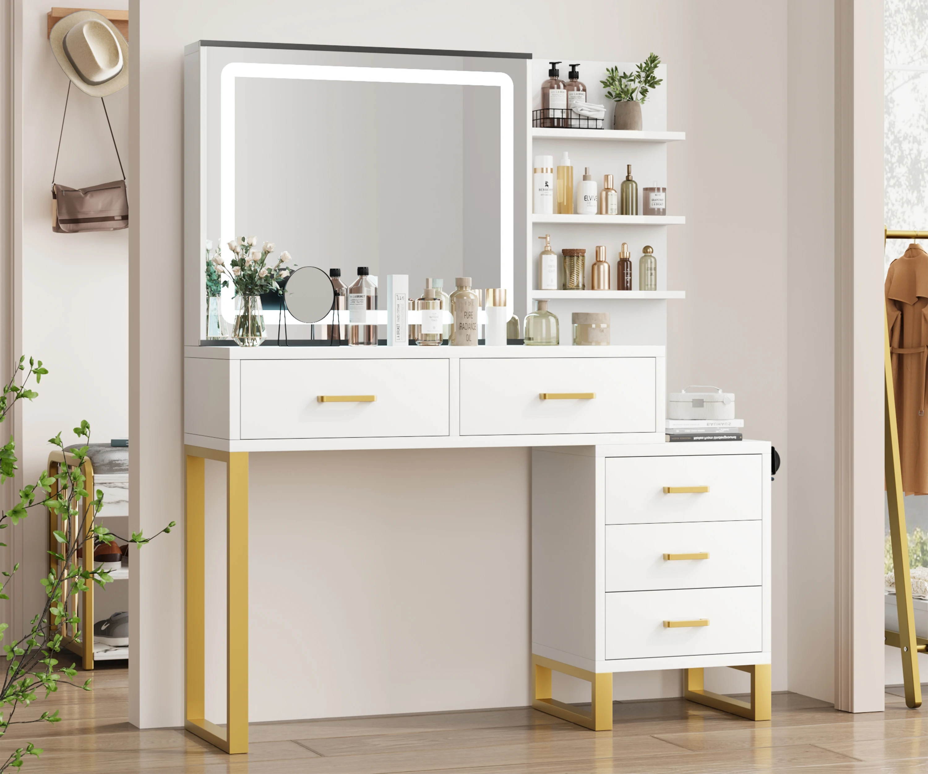 Large Wooden Makeup Vanity Desk with Lighted Sliding Mirror, USB Charging Station & Storage – Rustic Farmhouse Dresser for Bedroom