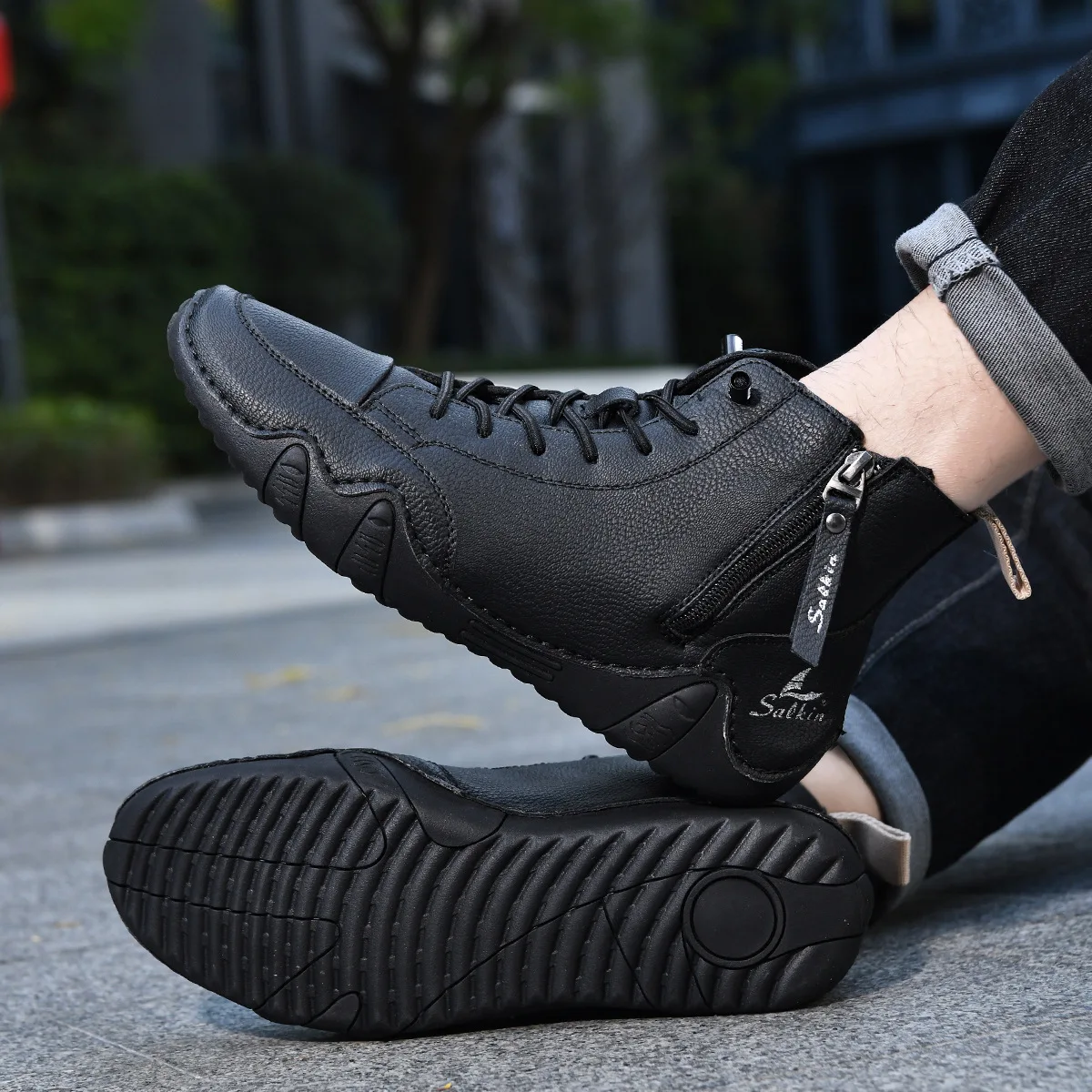 새로운 2025 수제 남성 발목 부츠 디자인 운동화 남자 야외 캐주얼 가죽 남성 신발 발목 부츠 가을 통기성 빅 사이즈 48