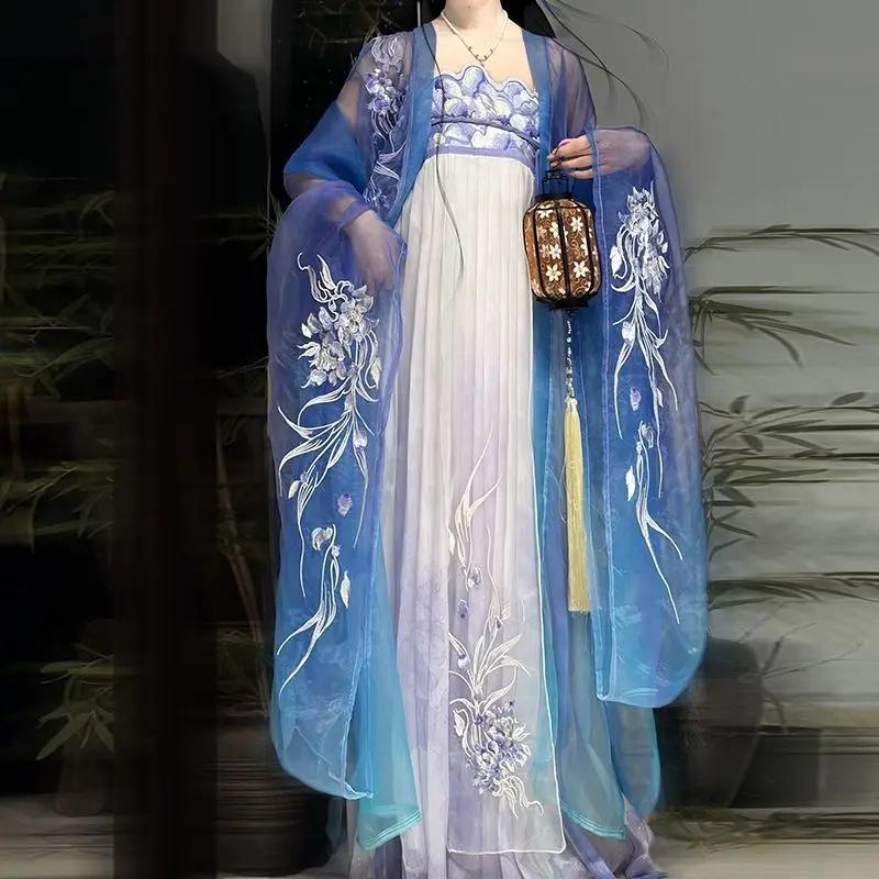 Chinese Hanfu Dress Women Traditional Embroidery Hanfu Female Carnival Fairy Cosplay Costume Hanfu Gradient Blue Purple Dress