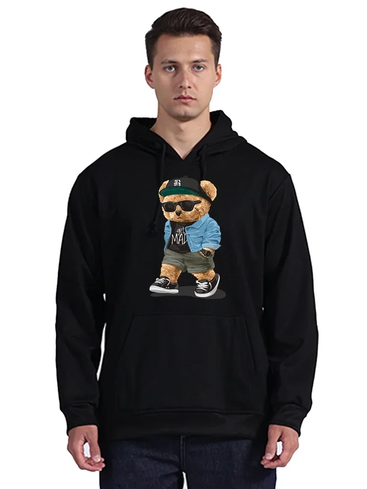 Hip Hop Tops Casual Cotton Pullover Unisex Coat Casual Hoodie Get Mad Bad Mood Walking Silent Teddy Bear Men Sweatshirt