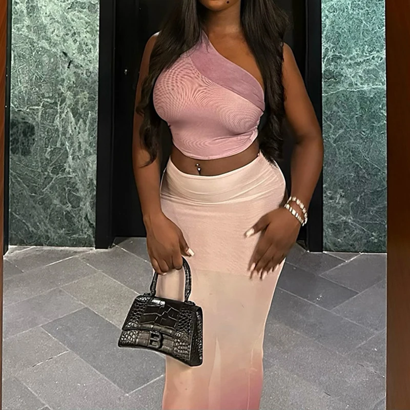 

OMSJ Stylish Ladies Gradient Colored Design Sleeveless Slanted Collar Crop Tops+Wrap Hip Skirts Two Pieces Elegant Party Outfits