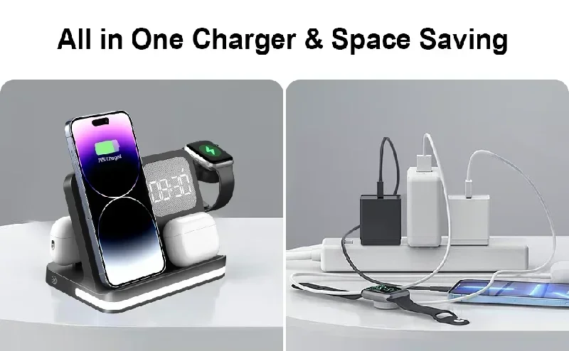 Telefonuhr Drahtloses Ladegerät mit LED-Licht Wecker für iPhone 16/15/14/13/12 Apple Watch 2-10 SE Airpods Pro Schnellladung – Detail 12