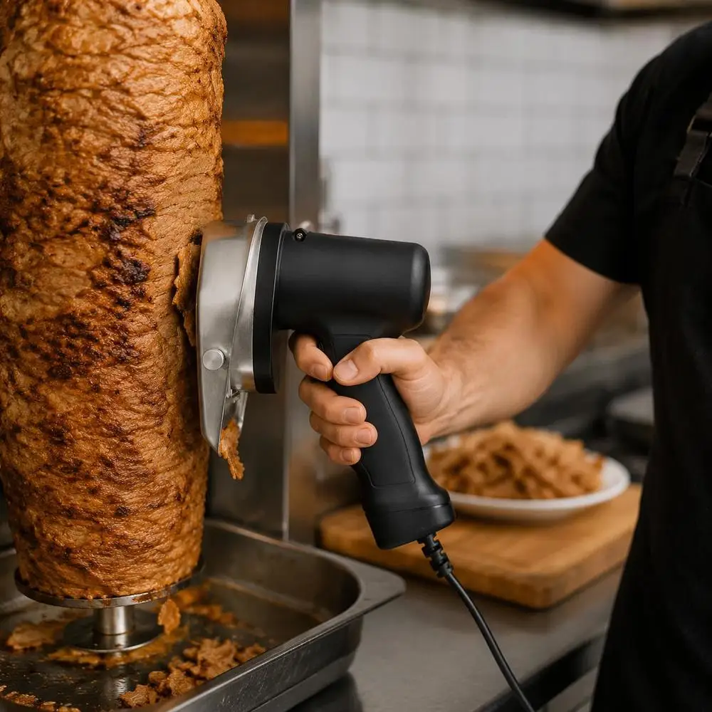 Image of Elektrisches Shawarma-Messer, 80 W, türkisches Kebab-Messer, gewerblicher Gyroschneider aus Edelstahl, Döner-Kebab-Fleischschneider mit 2 Klingen, 100 mm Klingen-Durchmesser