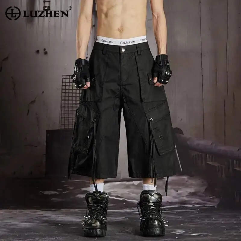 

LUZHEN 2026 Summer New Solid Color Original Multi Pockets Design Ribbon Decorate Straight Cropped Trousers Men's Shorts JY7521