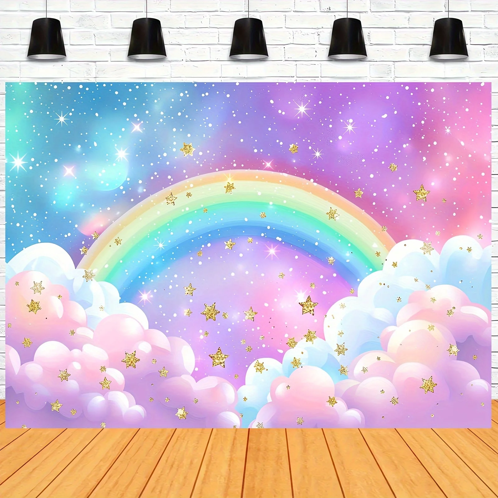 Polyester rainbow sky clouds twinkling stars Golden dot photography background Birthday