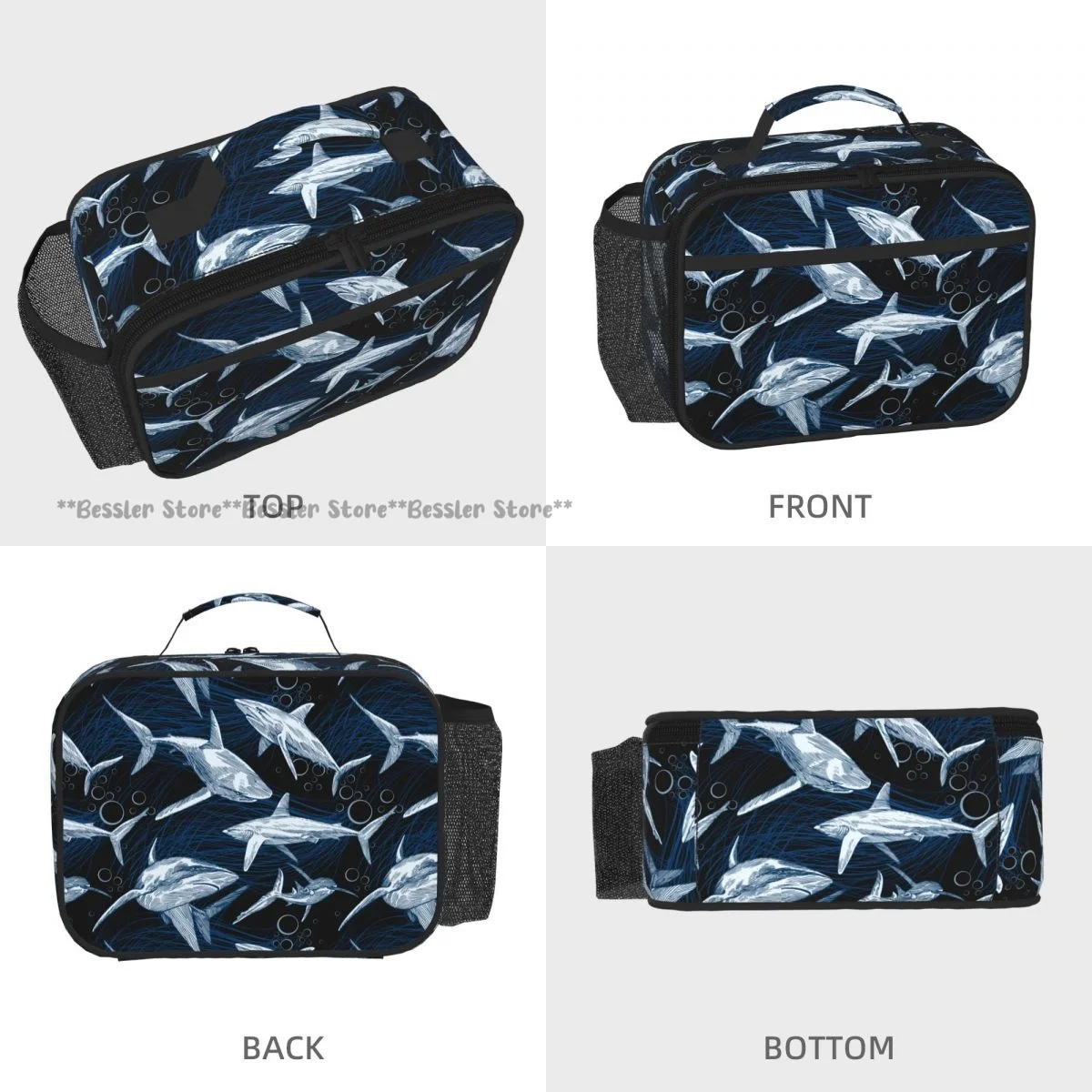 Reusable Handheld Thermal Bento Bag Hand Drawn Underwater Sea Shark Insulated Lunch Carrier for School Office Outdoor Use