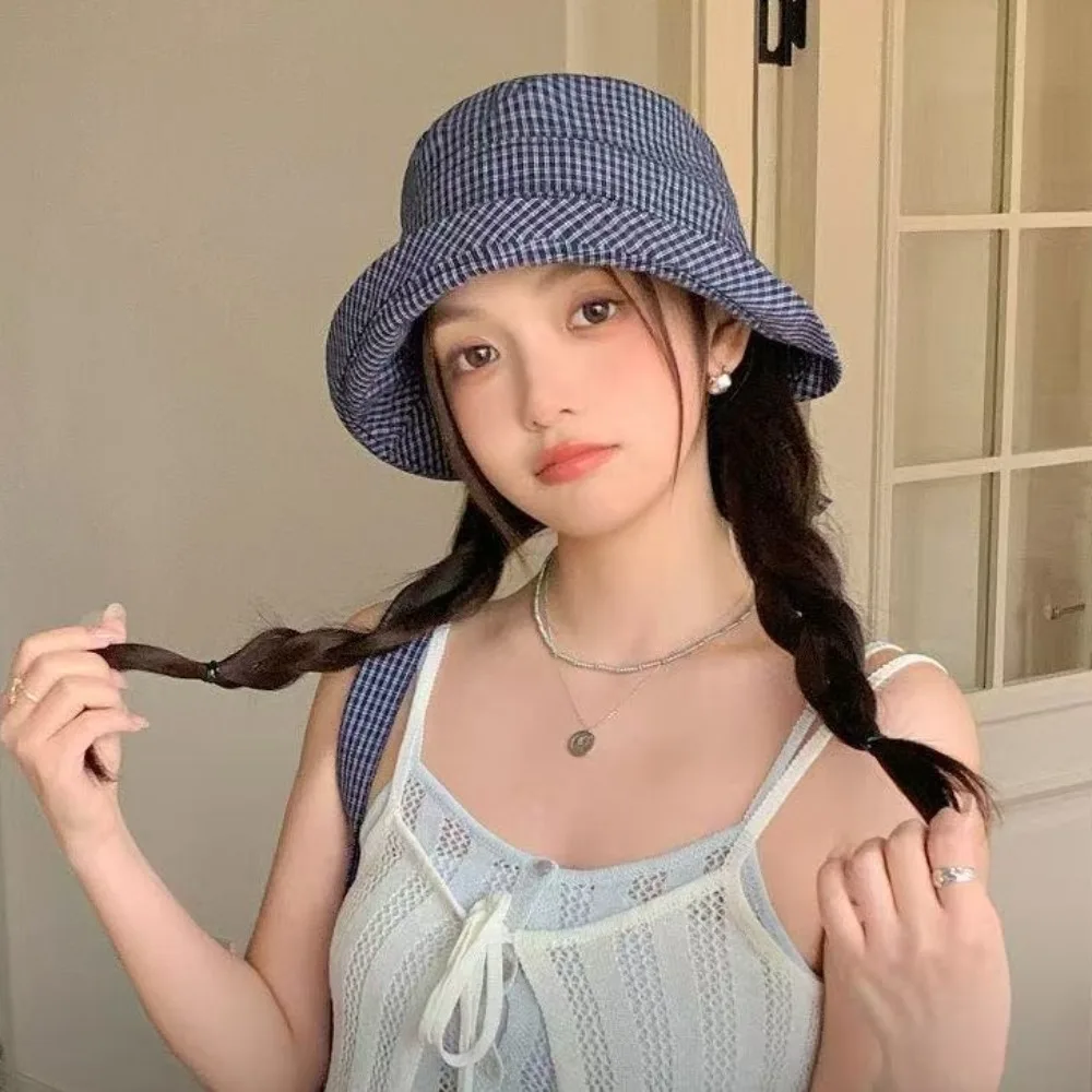 Foldable Wide Brim Bucket Hats Summer Sunshade Korean Style Fisherman Cap Plaid Design Wide Brim Basin Caps For Girl Ladies