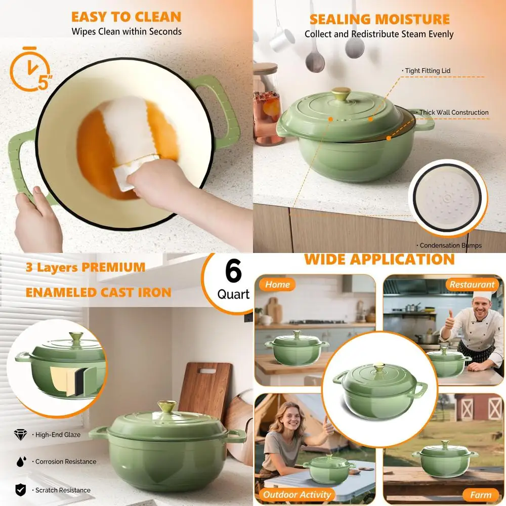 

Enameled Cast Iron Dutch Oven, 6-Quart, with Lid and Dual Handles, Oven Safe to 500°F, Ideal for Bread, Stews, and Roasting, Gre