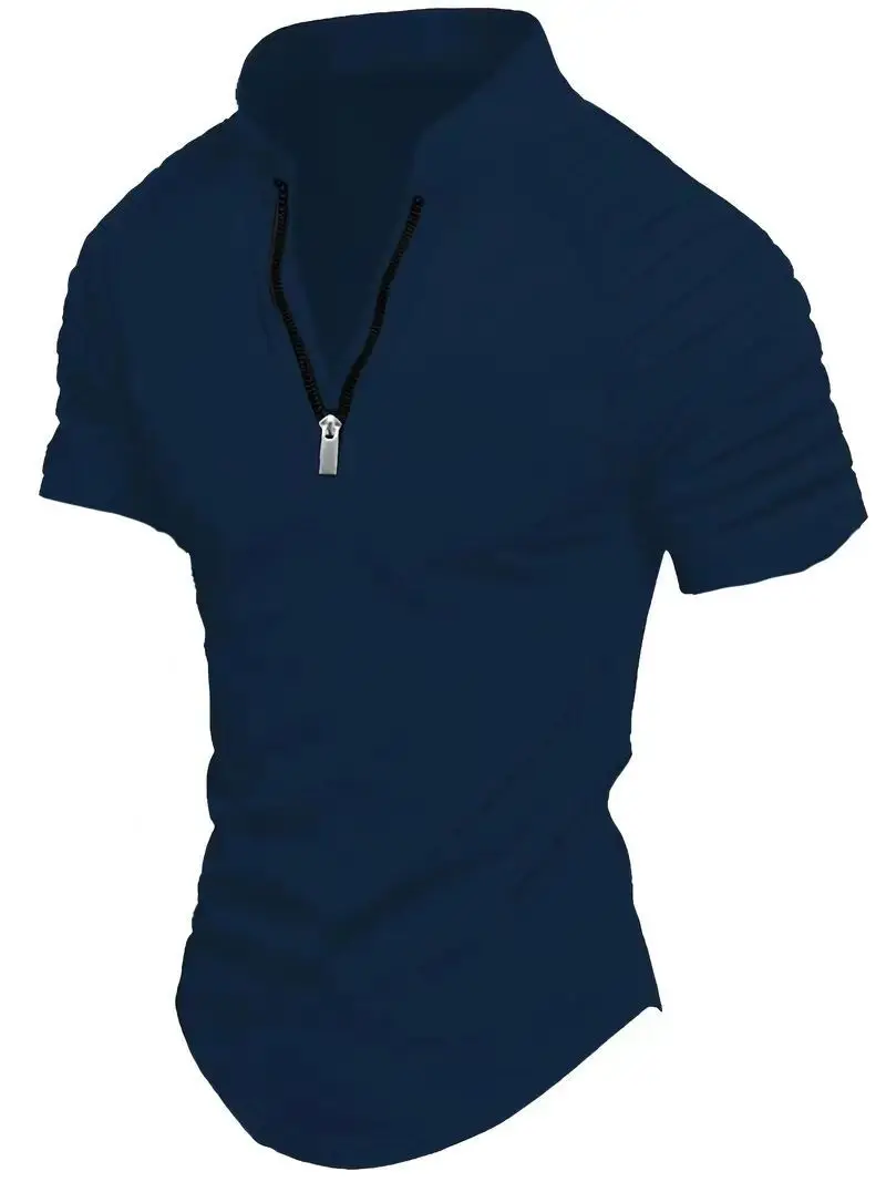 Men's POLO Shirt Spring Sports Solid Color Standing Collar Pleated Zipper Breathable Casual Summer Fashion Top Short Sleeve image 3