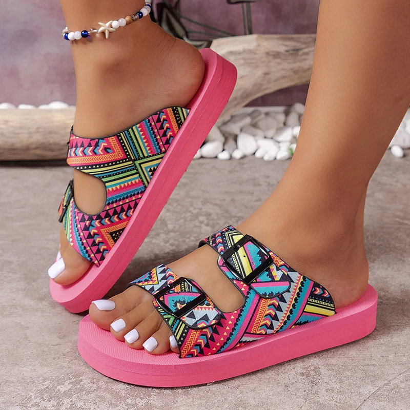 HKDQ Women's Platform Sandals Open Toe Low Wedge Heel Double Buckle Strap Geometric Print Slip-On Bohemian Beach Shoes