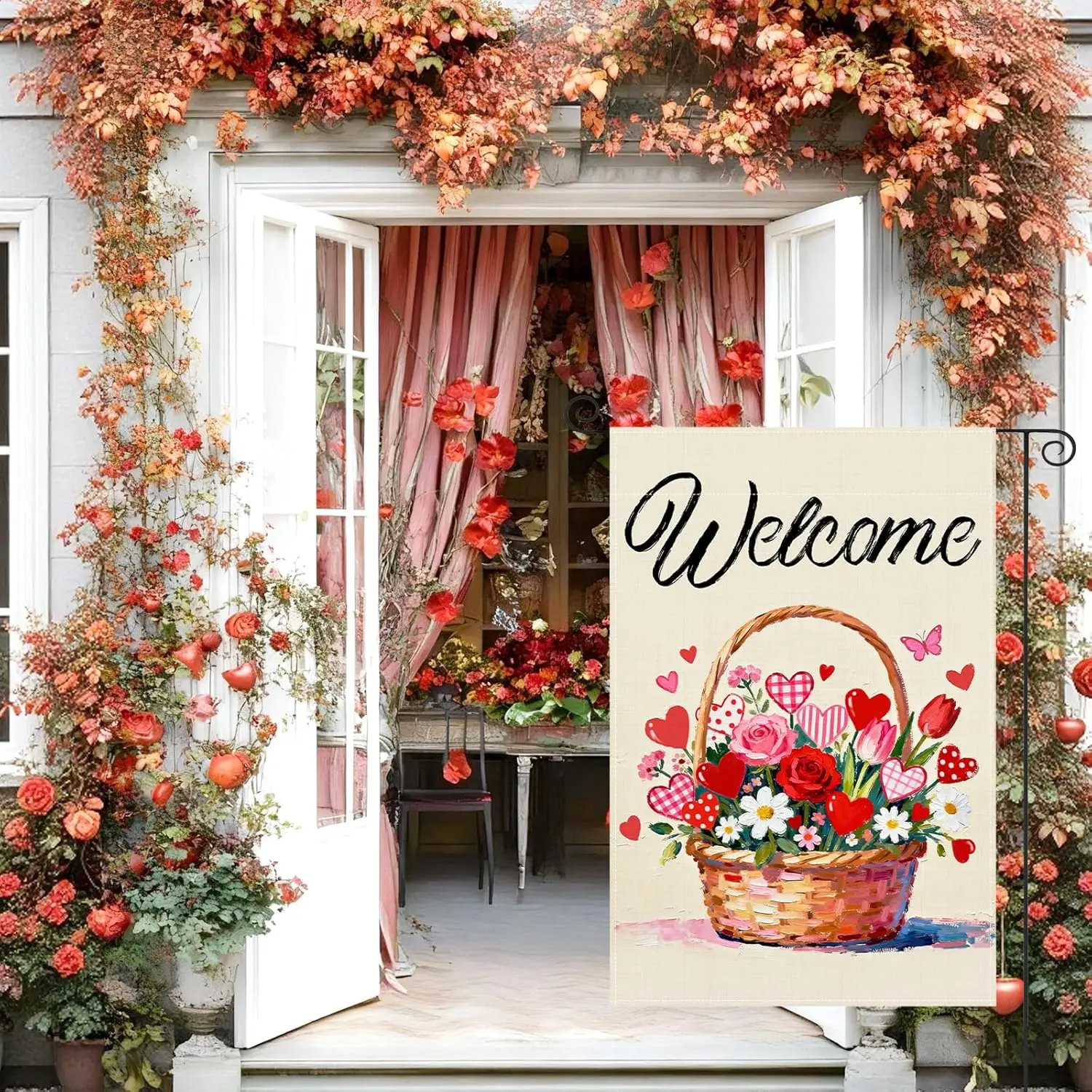Valentines Day Garden Flag | 12x18 Inch Double Sided Outside | Burlap Welcome Be Mine Love Garden Yard Mason Jar Floral for  IIC