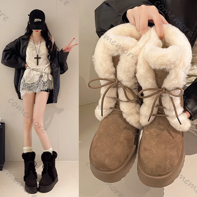

Comemore Women's Winter Warm Fur Snow Boots Lace Up Fluffy Plush Platform Ankle Boots for Women Thick Bottom Cotton Padded Shoes