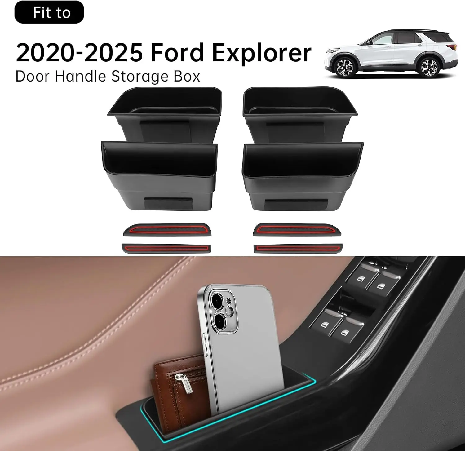 

4PCS front and rear door grab tray storage box is for Ford Explorer 2020 2021 2022 2023 2024 2025 Storage ABS Plastic, Red Mat