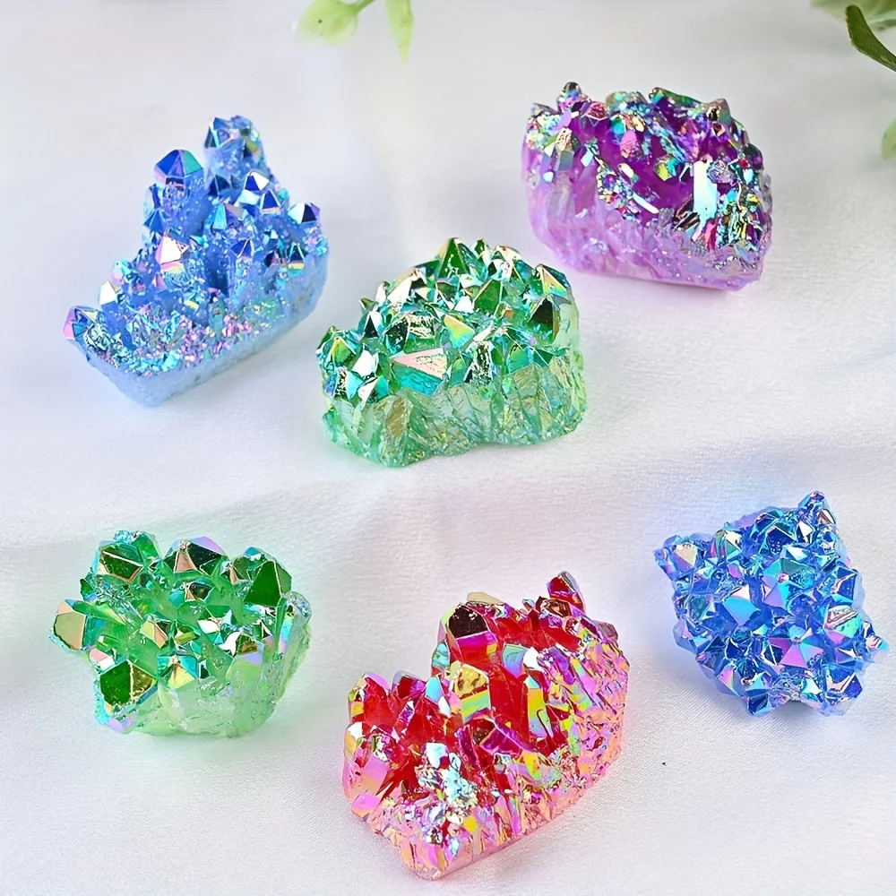 Artificial Rainbow Aura Quartz Crystal Cluster Titanium Coated Iridescent Druzy Points Reiki Themed Home Decor Display Gift