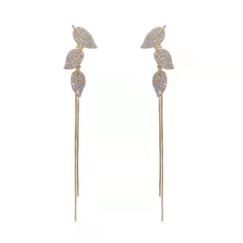 Trendy 14K Real Gold Leaf Tassel Drop Earrings for Women Girl Korean Fashion Jewelry S925 Silver Needle AAA Zircon Party Gift