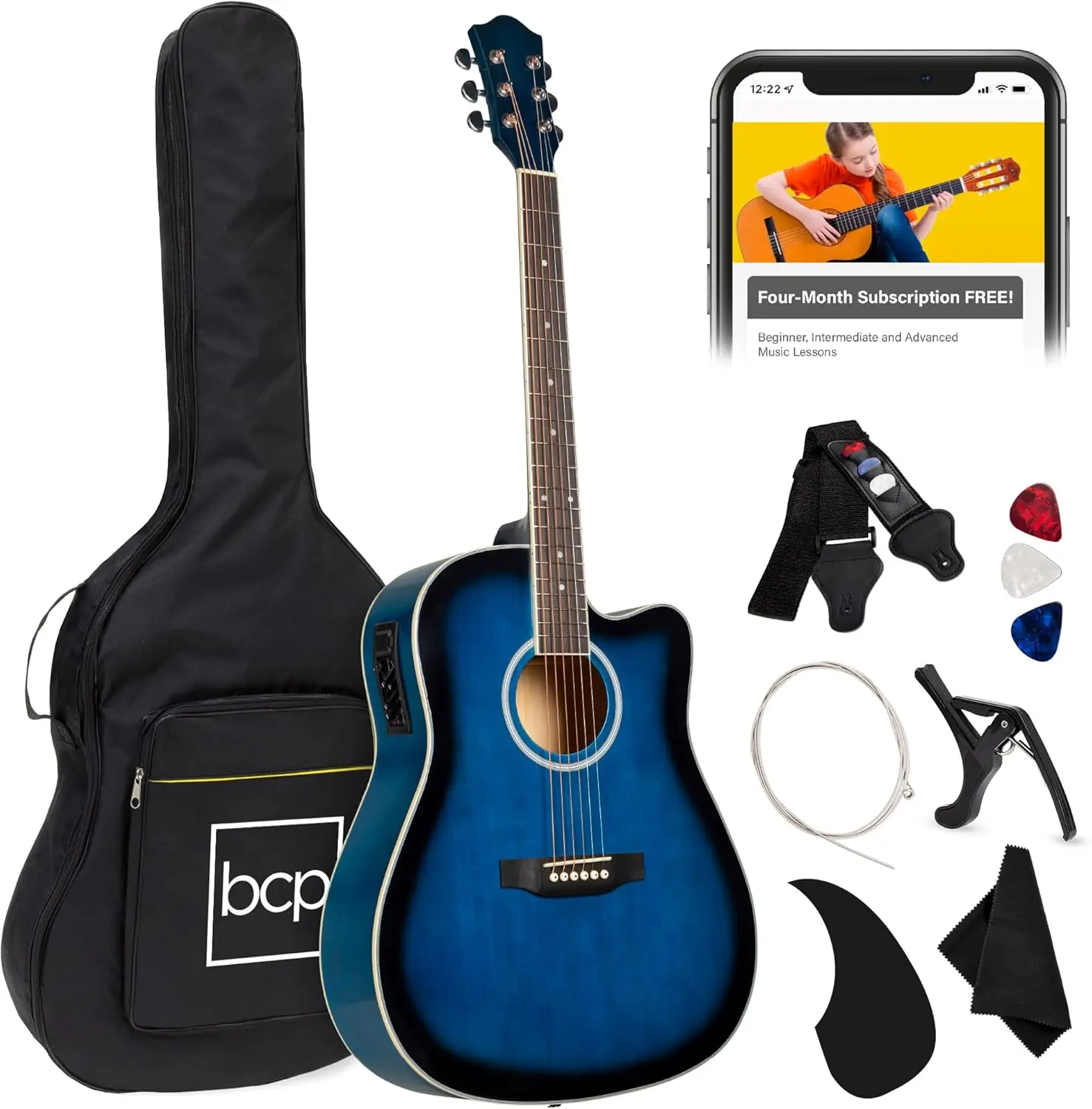 41-Inch Acoustic Electric Guitar Starter Kit for Beginners with Full Wood Cutaway Body, Includes Gig Bag, Strap, Picks, Cable - Blue