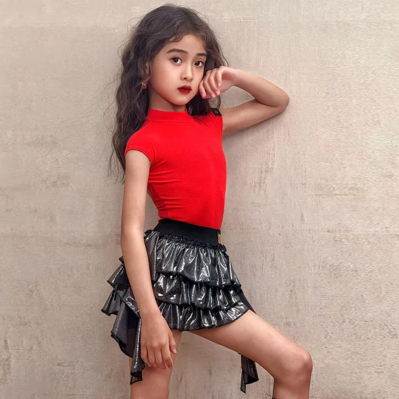 

Girl's Latin Dance Clothing Cha Cha Rumba Performance Outfit Short Sleeve Red Dance Leotard Silver Cake Skirt Practice Wear 3359