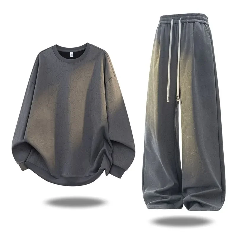 Men Couple 2 Pieces Outfit Embossed Letter Sweatshirt Set Long Sleeve Wide Leg Pants Casual Tracksuit Plus Size Fall Winter