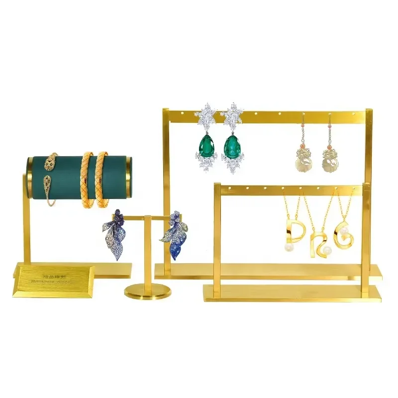 Lilai Metal Velvet Stainless Steel Modern Rectangle Lined T-Bar Stand Gold Brass Riser Showcase Tray Holder Jewelry Display