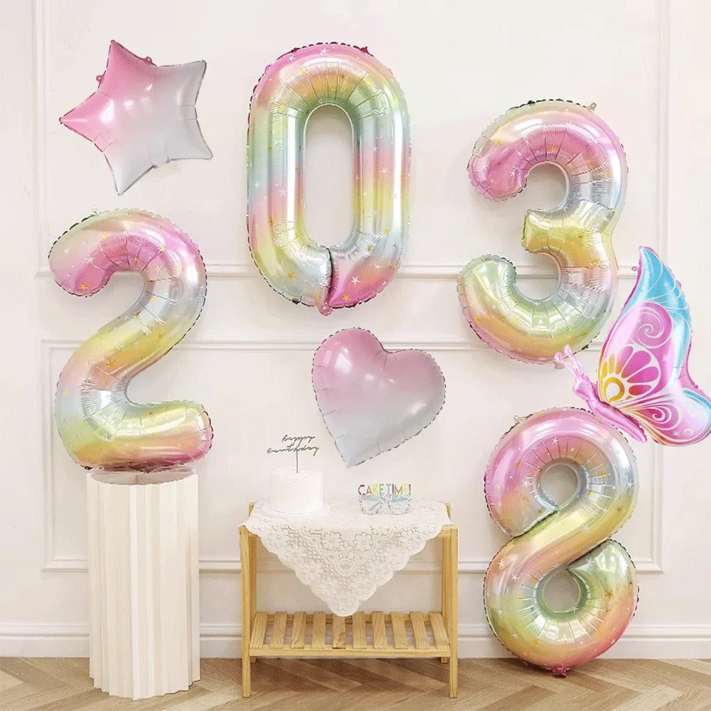 40Inch Starry Sky Gradient Number Balloons 18Inch Love Pentagram Foil Helium Balloon Digit 0-9 Kids Adult Birthday Party Decor