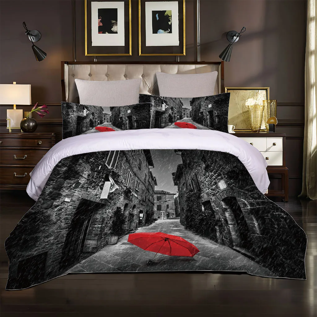 HUANZHUANG king duvet cover 3D Red Umbrella Street View duvet cover king zipper closure Patterned Duvet Cover King Size