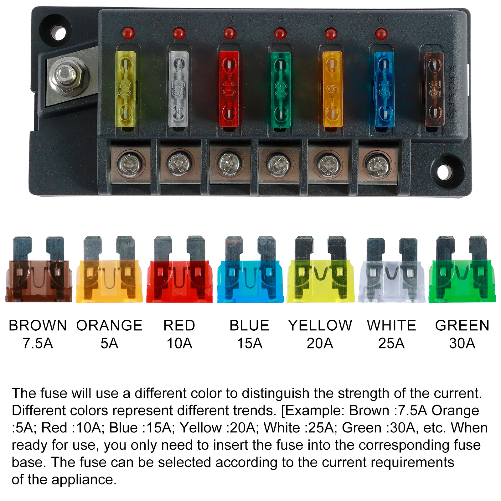Bloc Fusibles 6 Voies 12V/24V Chelhead Avec LED Indicateur - Étanche, Barre Négative, Pour Voiture Bateau Camping-Car Camion